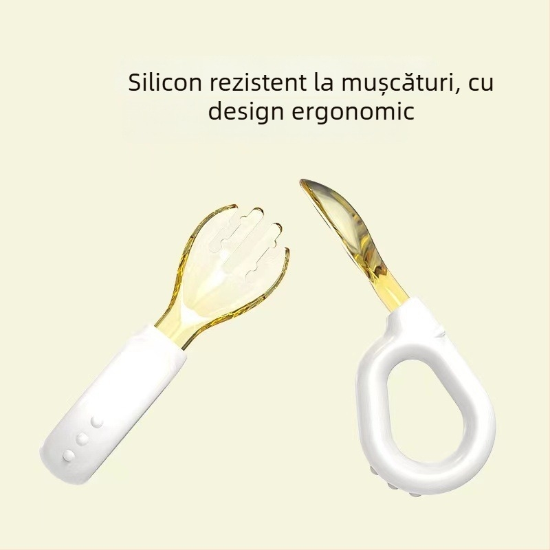 Lingură și furculiță pentru copii cu mâner inel, silicon, de la 6 luni în sus, 1 set