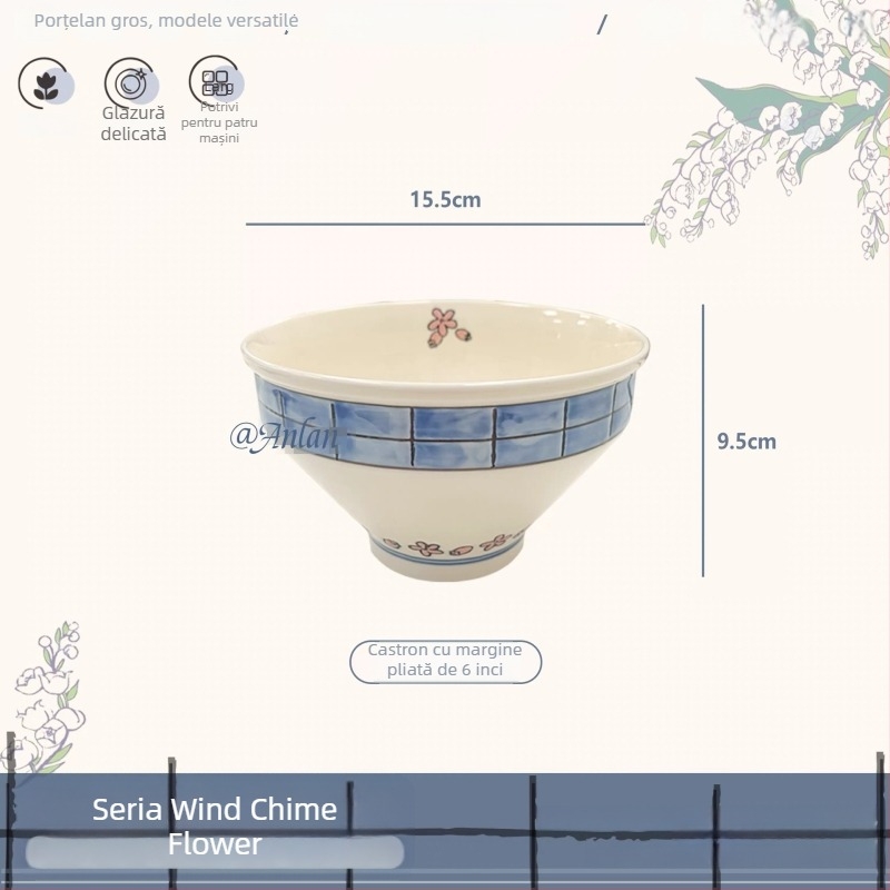 Set ceramic de bucătărie în stil japonez, cu model floral sub glazură; include bol de orez, bol de tăiței, farfurie de servire și farfurie pentru pește; compatibil cu cuptorul cu microunde