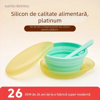 Set de hrănire pentru bebeluți: bol și lingură pliabile din silicon, brand Bainto, 1 set, potrivit copiilor peste 6 luni