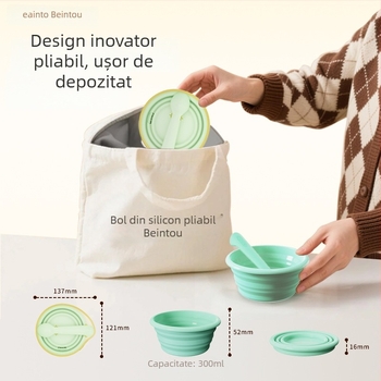 Set de hrănire pentru bebeluți: bol și lingură pliabile din silicon, brand Bainto, 1 set, potrivit copiilor peste 6 luni