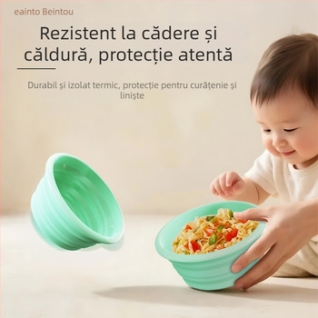 Set de hrănire pentru bebeluți: bol și lingură pliabile din silicon, brand Bainto, 1 set, potrivit copiilor peste 6 luni