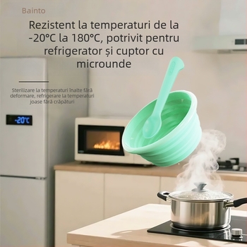 Set de hrănire pentru bebeluți: bol și lingură pliabile din silicon, brand Bainto, 1 set, potrivit copiilor peste 6 luni