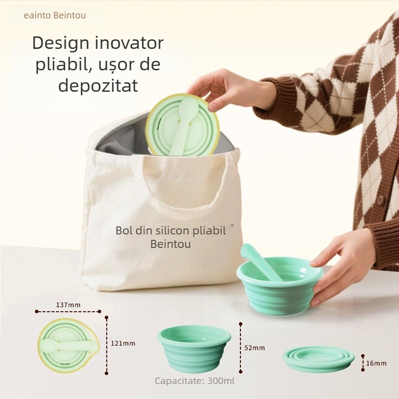 Set de hrănire pentru bebeluți: bol și lingură pliabile din silicon, brand Bainto, 1 set, potrivit copiilor peste 6 luni