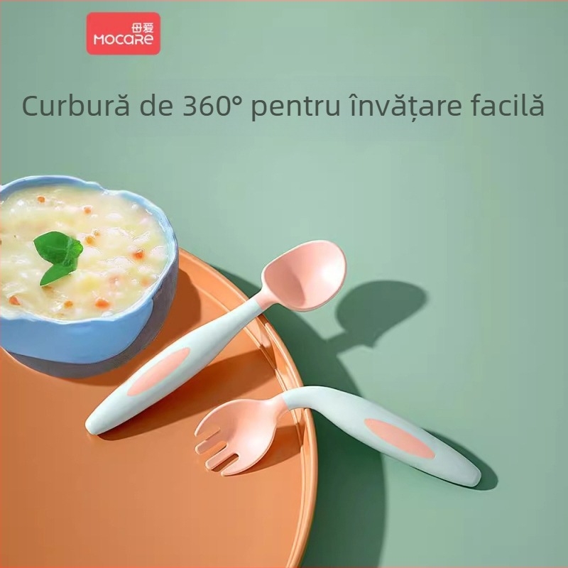 Tacâmuri de antrenament pentru copii: furculiță răsucită și lingură flexibilă, material PP, potrivit pentru copii de la 6 luni în sus, set de 2 bucăți, marca Maternal Love