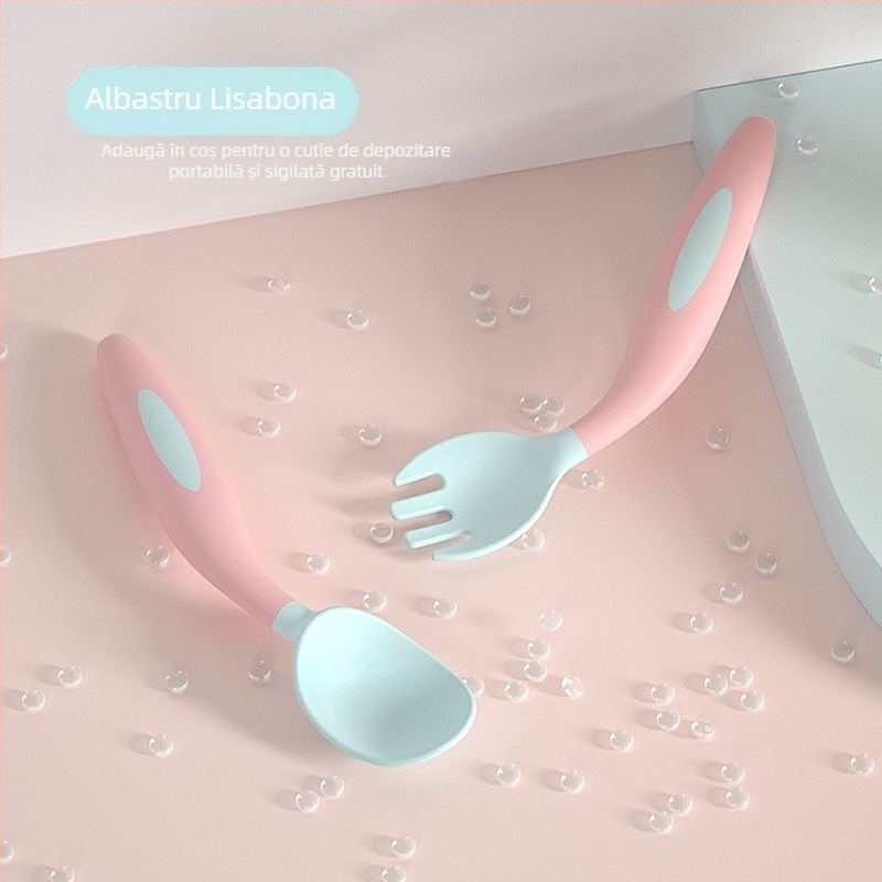 Tacâmuri de antrenament pentru copii: furculiță răsucită și lingură flexibilă, material PP, potrivit pentru copii de la 6 luni în sus, set de 2 bucăți, marca Maternal Love