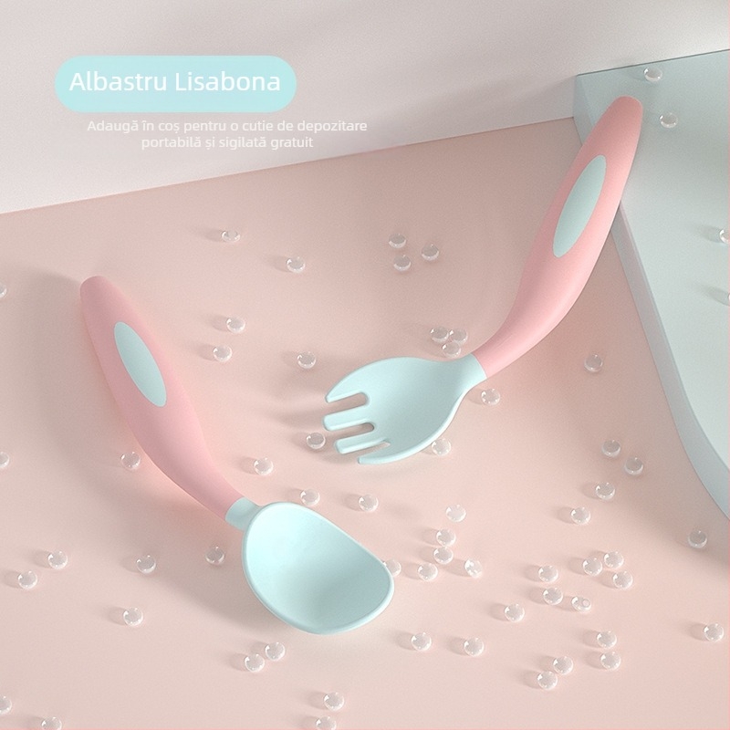 Tacâmuri de antrenament pentru copii: furculiță răsucită și lingură flexibilă, material PP, potrivit pentru copii de la 6 luni în sus, set de 2 bucăți, marca Maternal Love