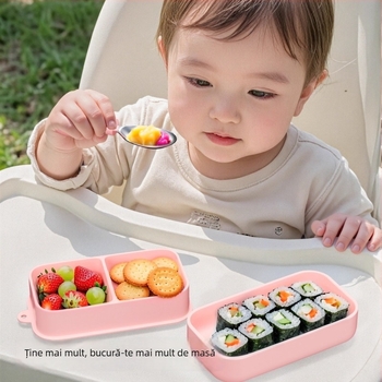 Tavă portabilă de masă din silicon pentru bebeluși, cu compartimente și ventuză integrată, set de 2 piese, de la 12 luni