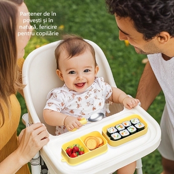 Tavă portabilă de masă din silicon pentru bebeluși, cu compartimente și ventuză integrată, set de 2 piese, de la 12 luni