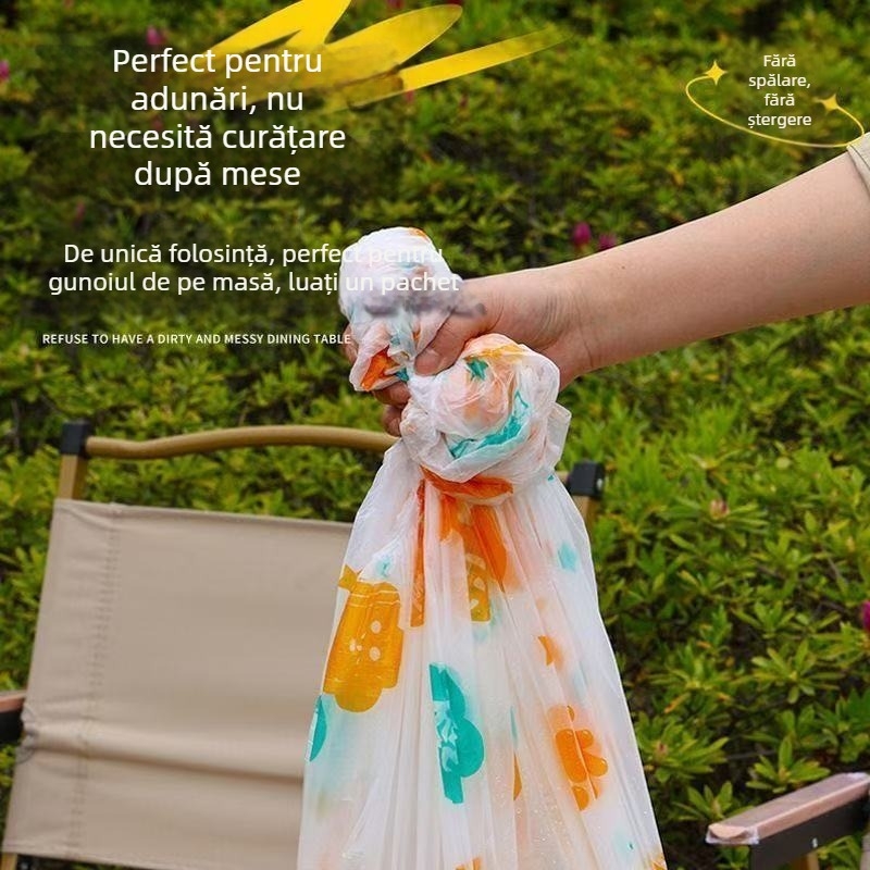 Față de masă de unică folosință imprimată, cu posibilitate de personalizare, material plastic (PE/Polietilenă), grosime 2 silk, formă dreptunghiulară, potrivită pentru picnic.