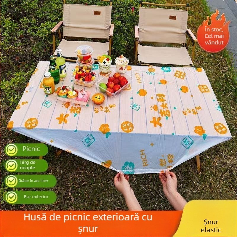 Față de masă de unică folosință imprimată, cu posibilitate de personalizare, material plastic (PE/Polietilenă), grosime 2 silk, formă dreptunghiulară, potrivită pentru picnic.
