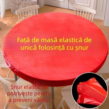 Față de masă rotundă, din plastic, de unică folosință, elastică, groasă, de culoare roșie, pentru uz casnic și evenimente