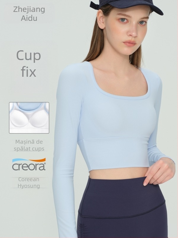 Top de yoga cu mânecă lungă, cu cupă fixă pentru sân, decolteu în formă de U, material NULS cu uscare rapidă, 80% nylon / 20% spandex
