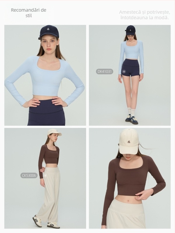 Top de yoga cu mânecă lungă, cu cupă fixă pentru sân, decolteu în formă de U, material NULS cu uscare rapidă, 80% nylon / 20% spandex