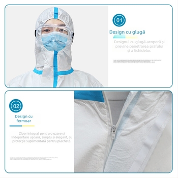 Îmbrăcăminte de protecție o piesă, cu glugă, din țesătură nețesută, protecție la praf