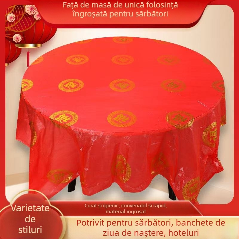 Față de masă din plastic roșu, îngroșată, pentru nunți, pentru mese pătrate sau rotunde, cu model dragon și phoenix