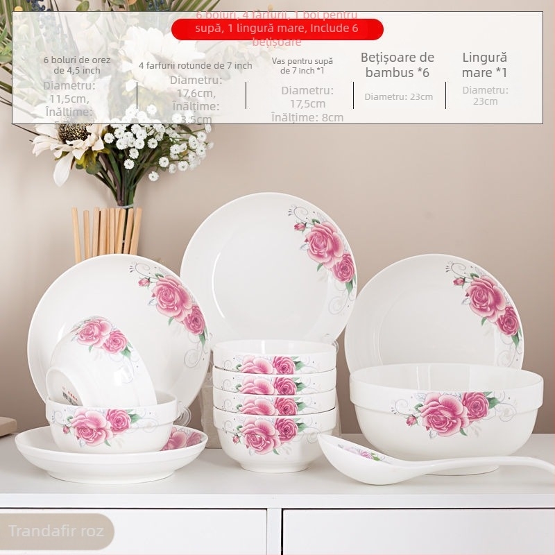 Set de veselă ceramică din porțelan cu os nou, stil simplu, stil chinezesc nou, pentru adulți, include boluri, boluri pentru orez și bețișoare