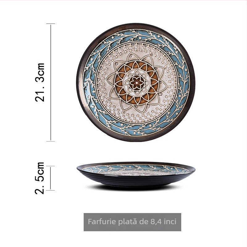 Set ceramic veselă cu stil european, glazură de cuptor, pictură manuală sub glazură, relief sub glazură; include farfurie pentru tort, farfurie adâncă, bol de orez și farfurie pentru friptură