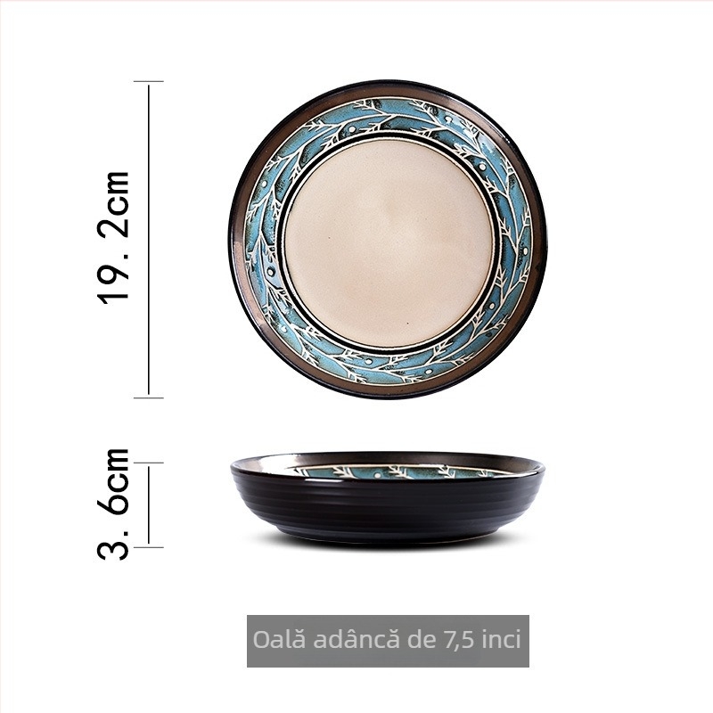 Set ceramic veselă cu stil european, glazură de cuptor, pictură manuală sub glazură, relief sub glazură; include farfurie pentru tort, farfurie adâncă, bol de orez și farfurie pentru friptură