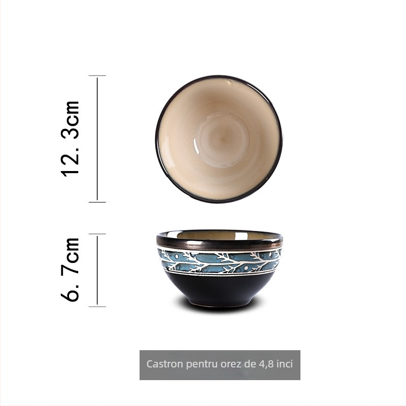 Set ceramic veselă cu stil european, glazură de cuptor, pictură manuală sub glazură, relief sub glazură; include farfurie pentru tort, farfurie adâncă, bol de orez și farfurie pentru friptură