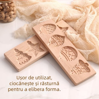 Formă pentru biscuiți și chifle – formă neregulată, lemn solid, model cu personaje de Crăciun