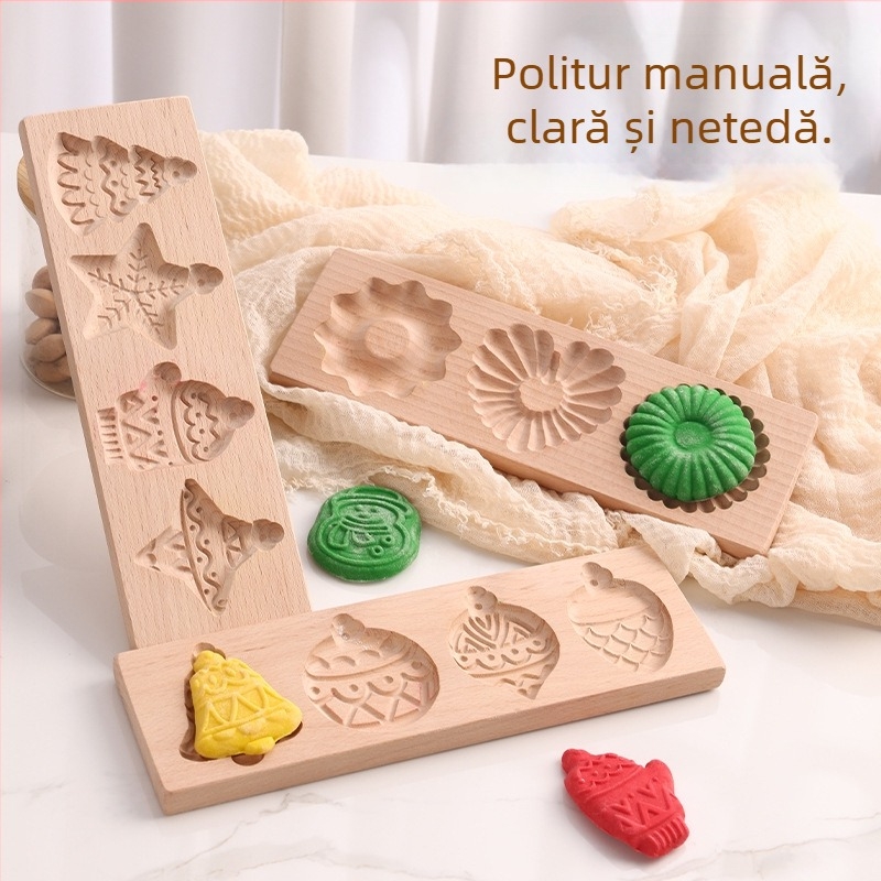 Formă pentru biscuiți și chifle – formă neregulată, lemn solid, model cu personaje de Crăciun