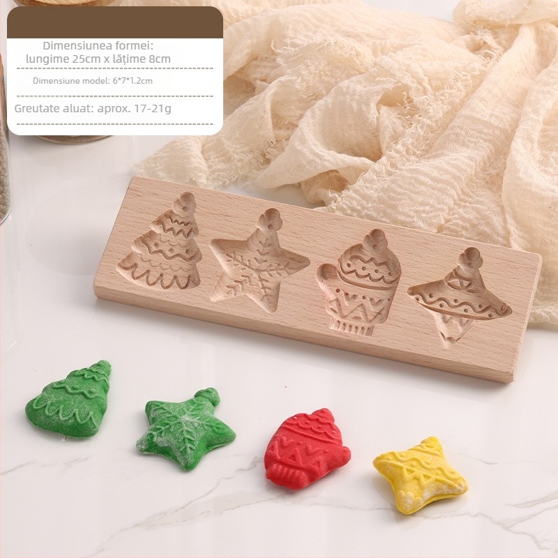 Formă pentru biscuiți și chifle – formă neregulată, lemn solid, model cu personaje de Crăciun