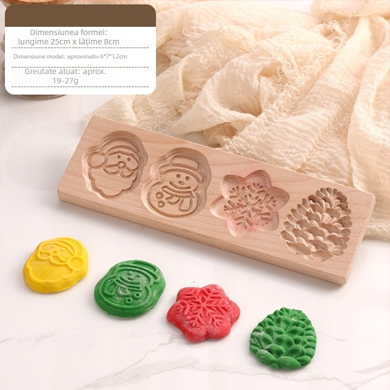 Formă pentru biscuiți și chifle – formă neregulată, lemn solid, model cu personaje de Crăciun