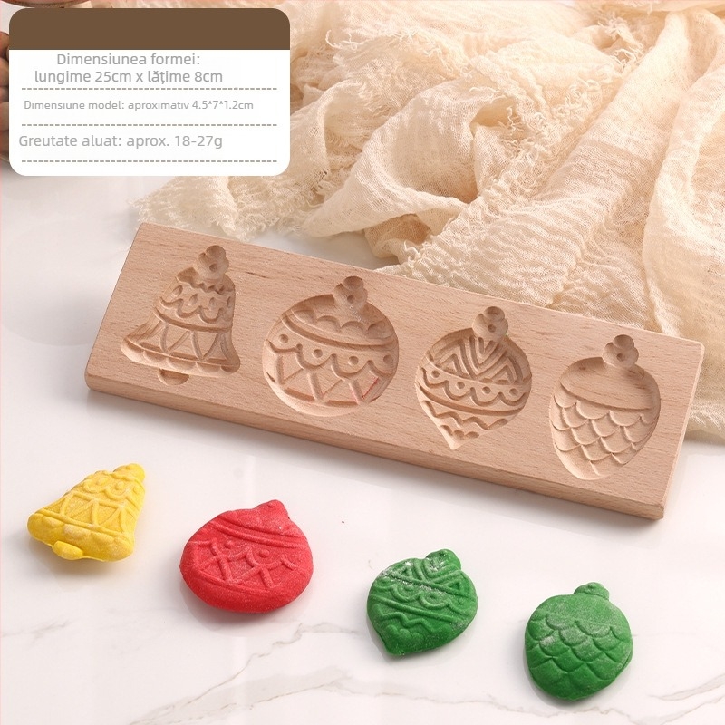 Formă pentru biscuiți și chifle – formă neregulată, lemn solid, model cu personaje de Crăciun