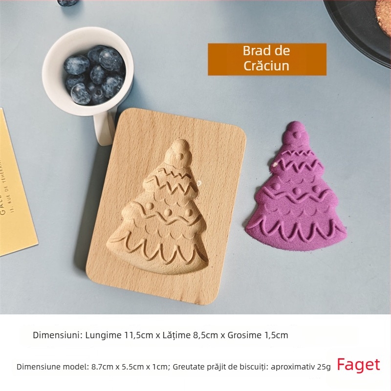 Formă pentru biscuiți și chifle – formă neregulată, lemn solid, model cu personaje de Crăciun