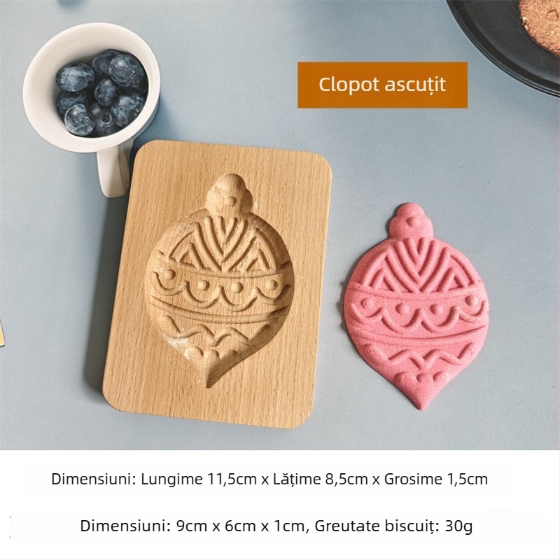 Formă pentru biscuiți și chifle – formă neregulată, lemn solid, model cu personaje de Crăciun