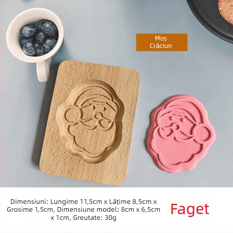 Formă pentru biscuiți și chifle – formă neregulată, lemn solid, model cu personaje de Crăciun