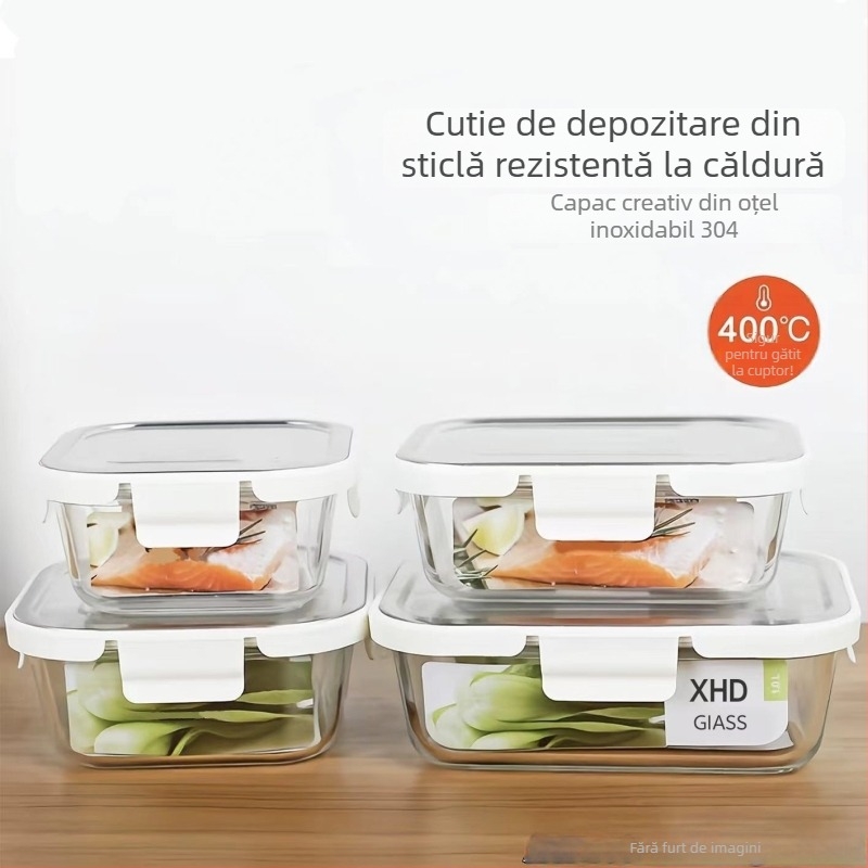 Cutie de prânz din sticlă borosilicat cu capac din oțel inoxidabil, rezistentă la căldură, potrivită pentru microunde, cuptor și frigider