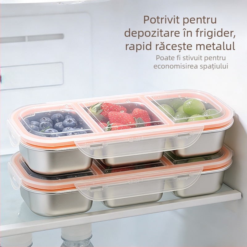 Cutie pentru prânz din oțel inoxidabil, cu capac și trei compartimente