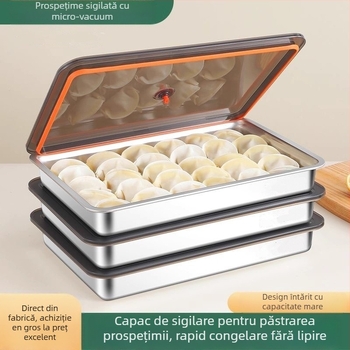 Tavă de congelare din oțel inoxidabil pentru găluște/dumplings, nemagnetică, dreptunghiulară, 2.1–3 L, compatibil cu microunde, cutie de păstrare prospețimii