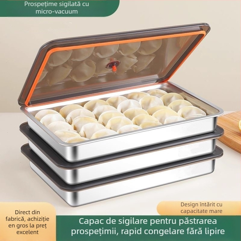 Tavă de congelare din oțel inoxidabil pentru găluște/dumplings, nemagnetică, dreptunghiulară, 2.1–3 L, compatibil cu microunde, cutie de păstrare prospețimii