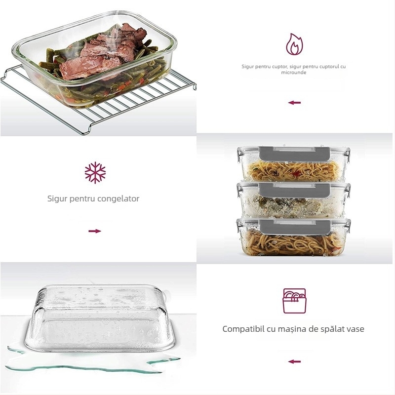 Cutie de prânz cu capac snap-on, din sticlă borosilikat de înaltă calitate, rezistentă la microunde, cu separator, capacitate 410–1000 ml