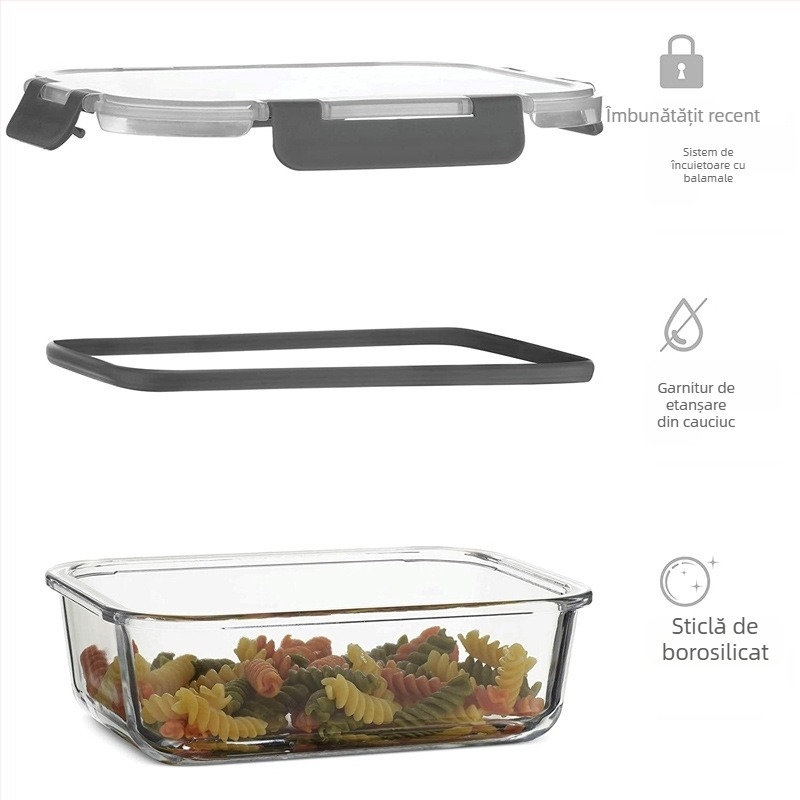Cutie de prânz cu capac snap-on, din sticlă borosilikat de înaltă calitate, rezistentă la microunde, cu separator, capacitate 410–1000 ml