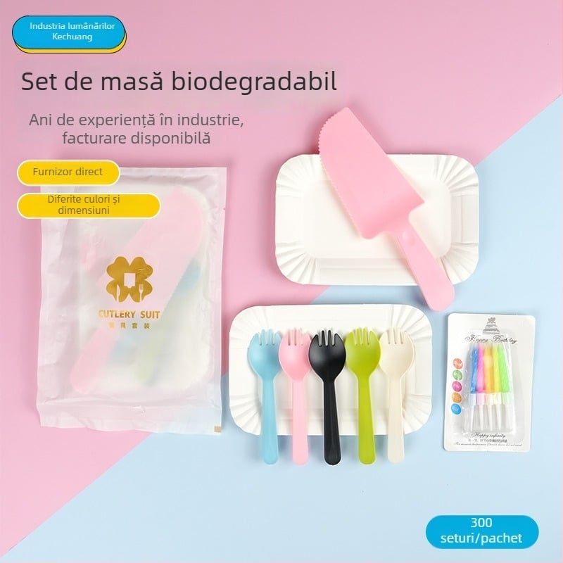 Set plastic de ziua de naștere: farfurie, furculițe, cuțite și lumânări – 4 în 1