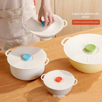 Capac din silicon pentru boluri, oale, farfurii și cești — etanș, de calitate alimentară, compatibil cu microundele, anti-stropire
