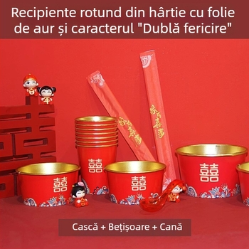 Vas de unică folosință din hârtie pentru nuntă – formă circulară, grosime 0,2 cm, capacitate 410 ml, model cu caracter Xi, stil chinezesc nou