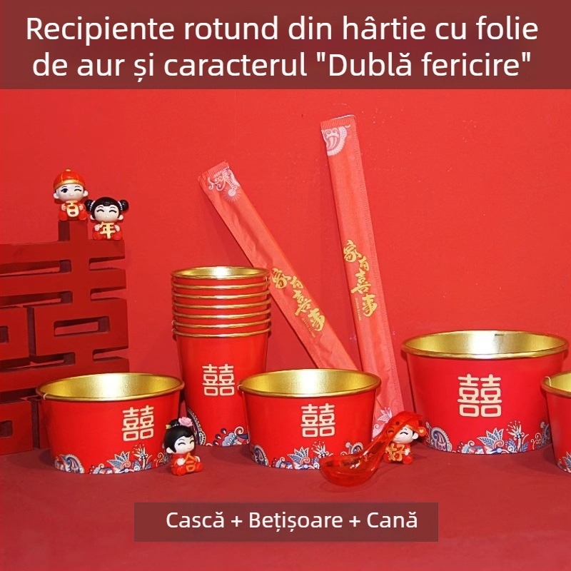 Vas de unică folosință din hârtie pentru nuntă – formă circulară, grosime 0,2 cm, capacitate 410 ml, model cu caracter Xi, stil chinezesc nou