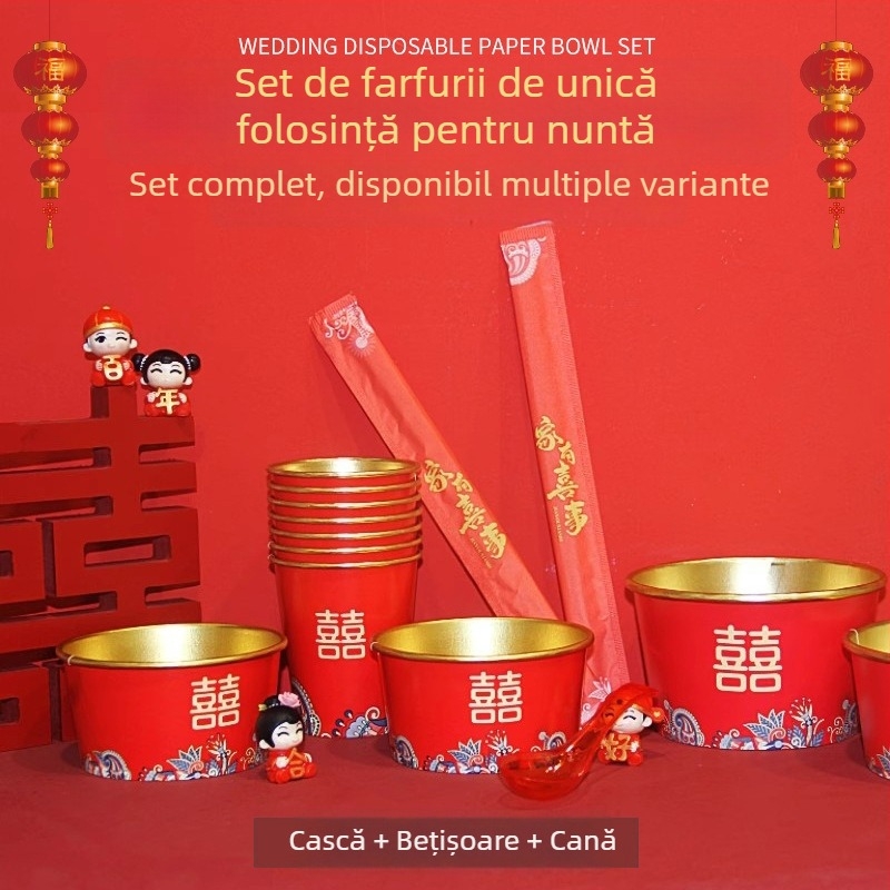Vas de unică folosință din hârtie pentru nuntă – formă circulară, grosime 0,2 cm, capacitate 410 ml, model cu caracter Xi, stil chinezesc nou