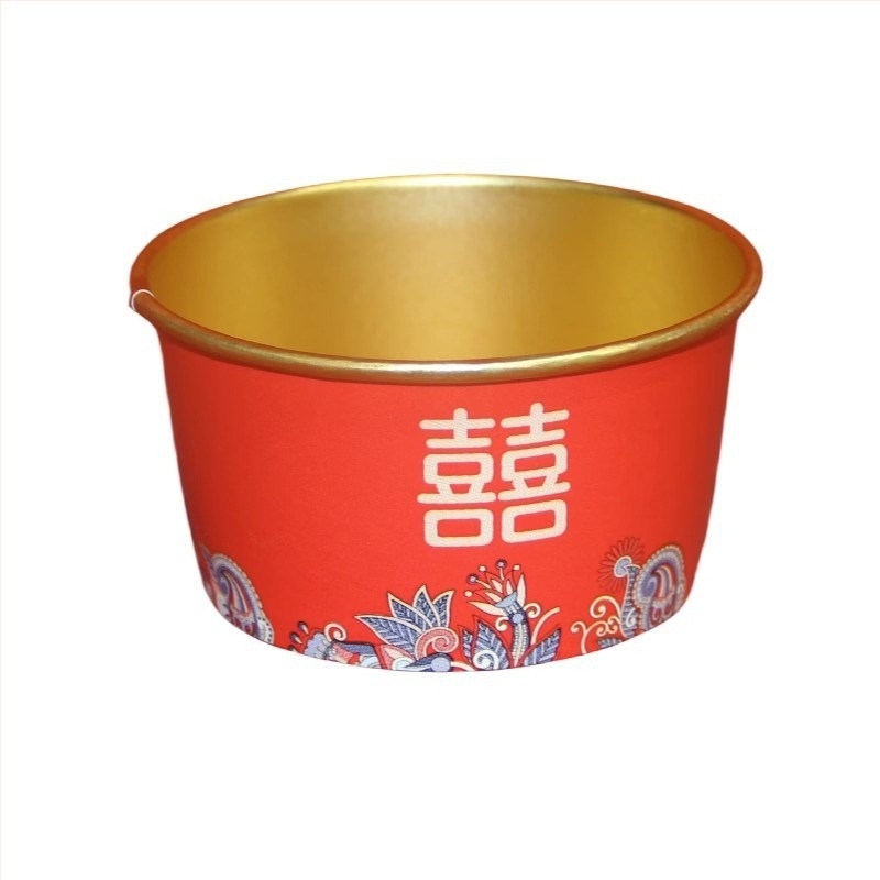 Vas de unică folosință din hârtie pentru nuntă – formă circulară, grosime 0,2 cm, capacitate 410 ml, model cu caracter Xi, stil chinezesc nou