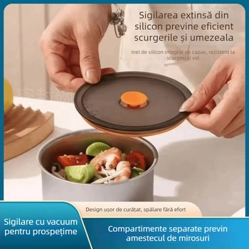 Cutie rotundă de prânz din oțel inoxidabil 304, cu capac, compatibilă cu cuptorul cu microunde, cu un singur strat, menține hrana proaspătă