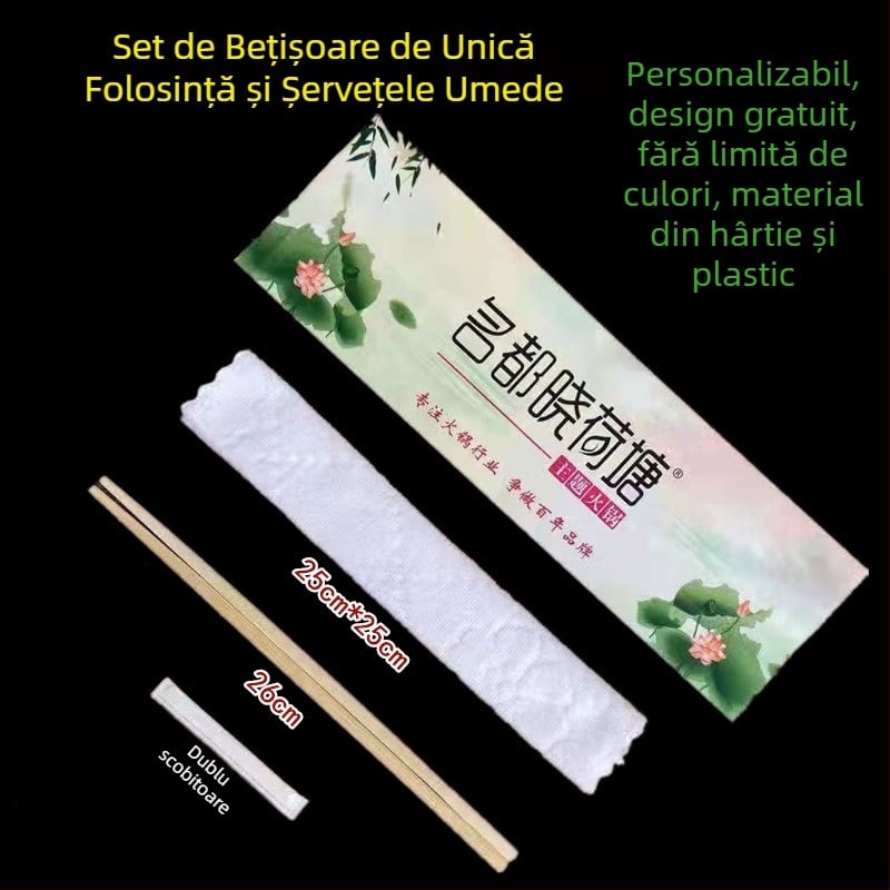 Set de unică folosință pentru restaurante cu bețișoare de masă, șervete umede și scobitori — bambus, pachet 400 buc., compatibil cu microunde, biodegradabil, imprimare siglă disponibilă