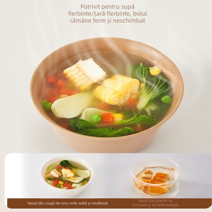 Set de tacâmuri de masă de unică folosință din coajă de orez – trei piese: boluri, bețișoare și farfurioare; non-degradabil; personalizare disponibilă