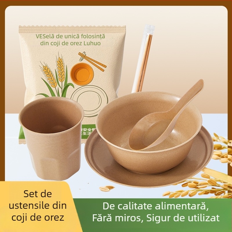 Set de tacâmuri de masă de unică folosință din coajă de orez – trei piese: boluri, bețișoare și farfurioare; non-degradabil; personalizare disponibilă