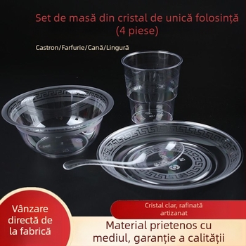 Vas de unică folosință – plastic alimentar, set de patru piese: bol și bețișoare; set de trei piese: ceașcă și farfurie