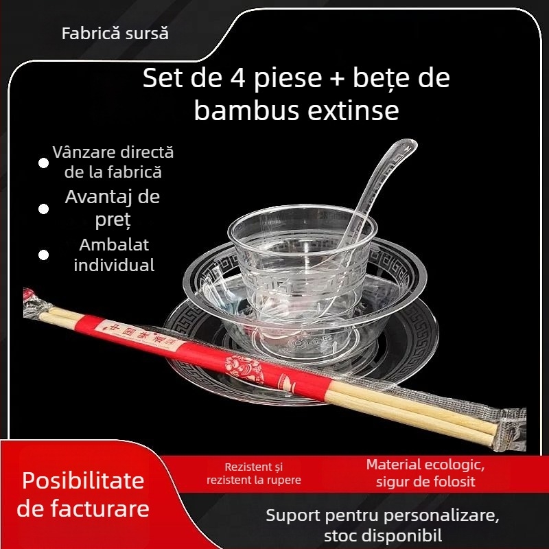 Vas de unică folosință – plastic alimentar, set de patru piese: bol și bețișoare; set de trei piese: ceașcă și farfurie