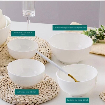 Bol pentru orez din porțelan cu os, rotund, stil modern minimalist, glazură monocromă, rezistent la microunde